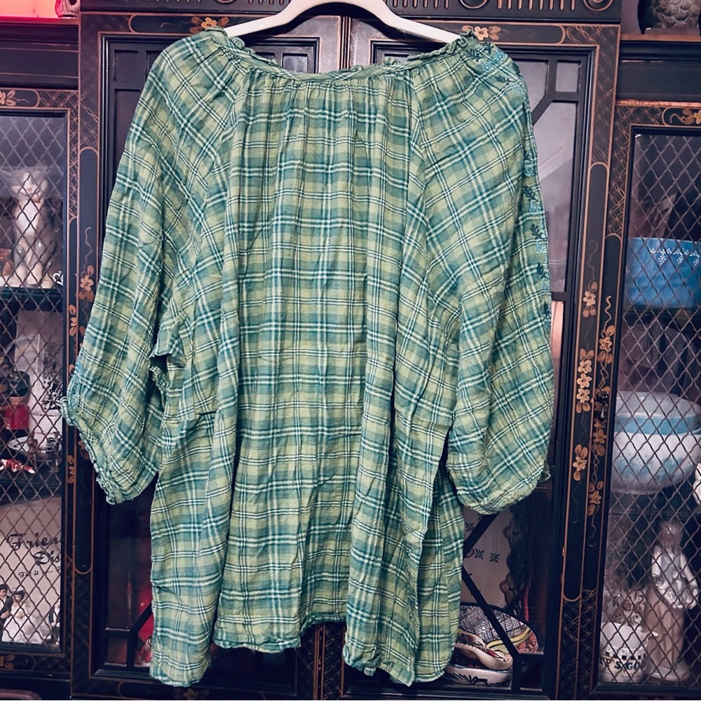 Perdian Chic Artisan Collection Green Cotton Plaid Embroirdered Top Size 26/28 - Picture 10 of 11